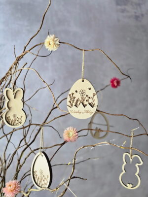 Drewniane zawieszki wielkanocne - zestaw 8 sztuk, ozdoby na gałązki i koszyk