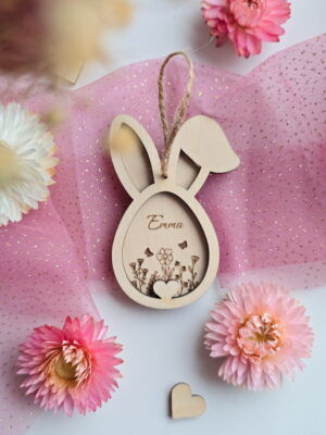 Zawieszka wielkanocna do koszyczka z imieniem dziecka - jajko królik